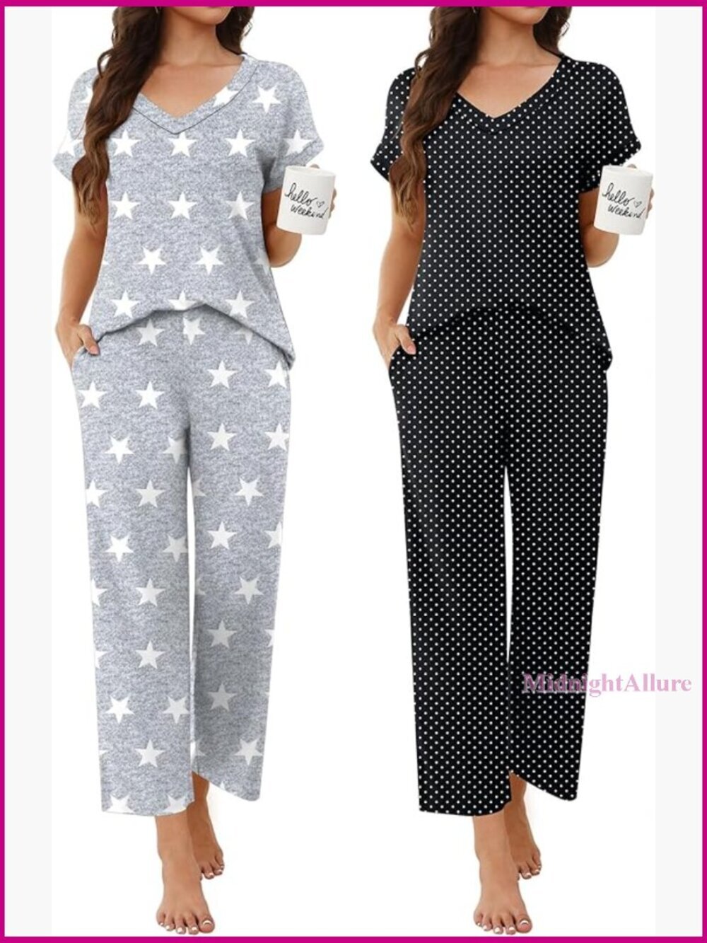 2 Pack Short Sleeve V Neck Pajama Sets Lounge Set S-XXL